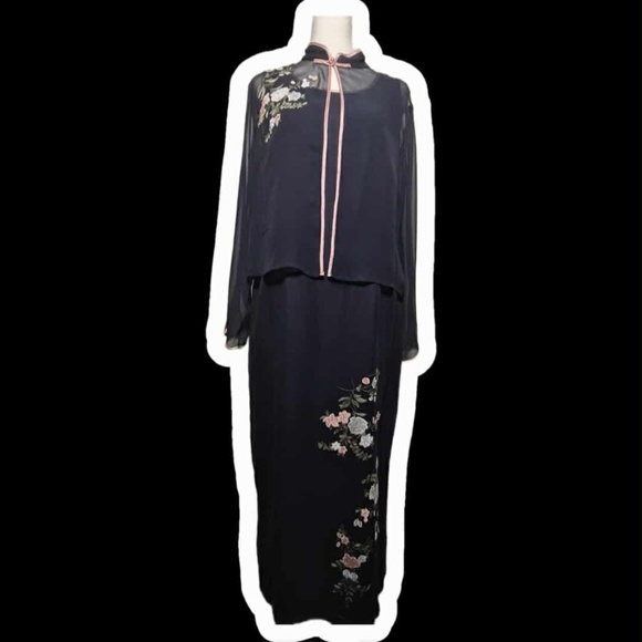 Robbie Bee 100% Silk Floral Navy Maxi Dress & Cardigan Romantic 2 Piece Set L - Picture 2 of 6